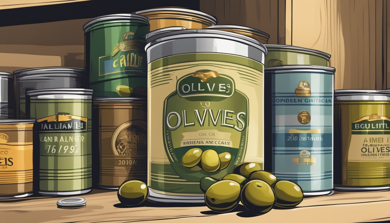 A can of olives with a faded expiration date, surrounded by other canned goods on a pantry shelf