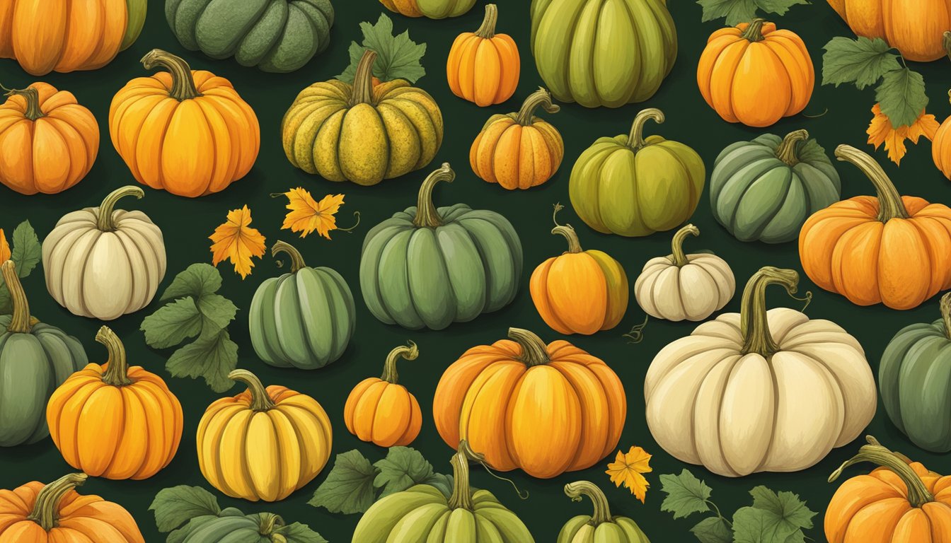 A colorful array of pumpkins and squash in different shapes and sizes, with vibrant hues of orange, green, and yellow, arranged on a rustic wooden table