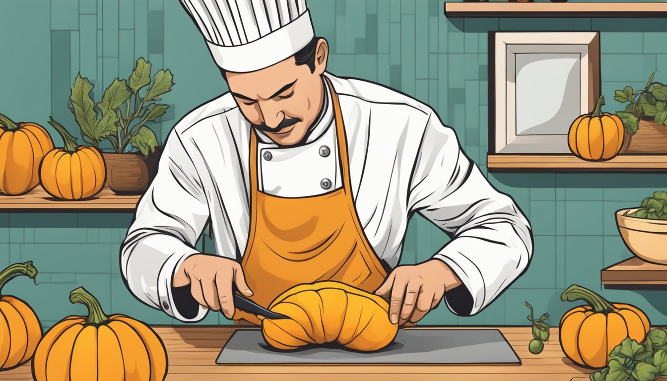 A chef cutting open a butternut squash to check for ripeness