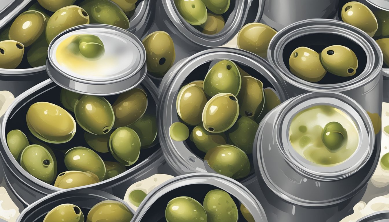 A close-up of a can of olives with a faded expiration date, surrounded by mold and a foul odor