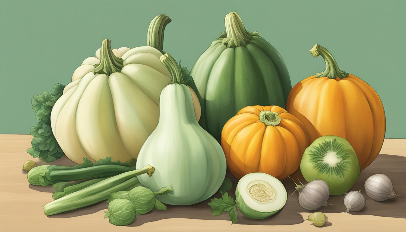 A butternut squash sits on a kitchen counter, surrounded by other fruits and vegetables. Its skin is a pale green color, indicating that it is unripe