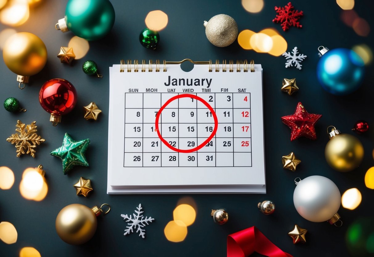 A calendar with a prominent date circled, surrounded by various festive decorations and symbols of celebration