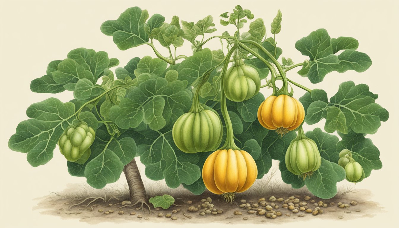 A butternut squash plant with unripe fruit hanging from the vines