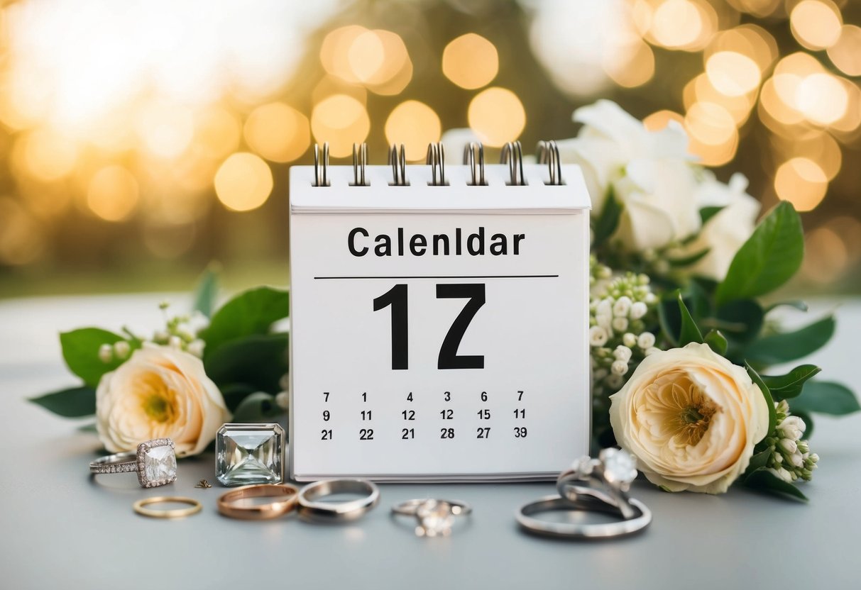A calendar with a highlighted date, surrounded by wedding-related items like rings, flowers, and a venue