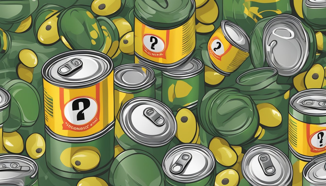 A can of olives with a visible expiration date on the label, surrounded by question marks and a caution sign