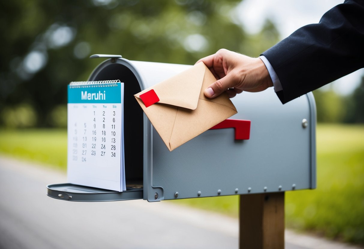A calendar with a highlighted date and an envelope being dropped into a mailbox