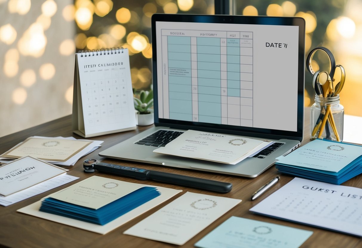A desk cluttered with invitation samples, a calendar with the date circled, and a laptop open to a guest list spreadsheet