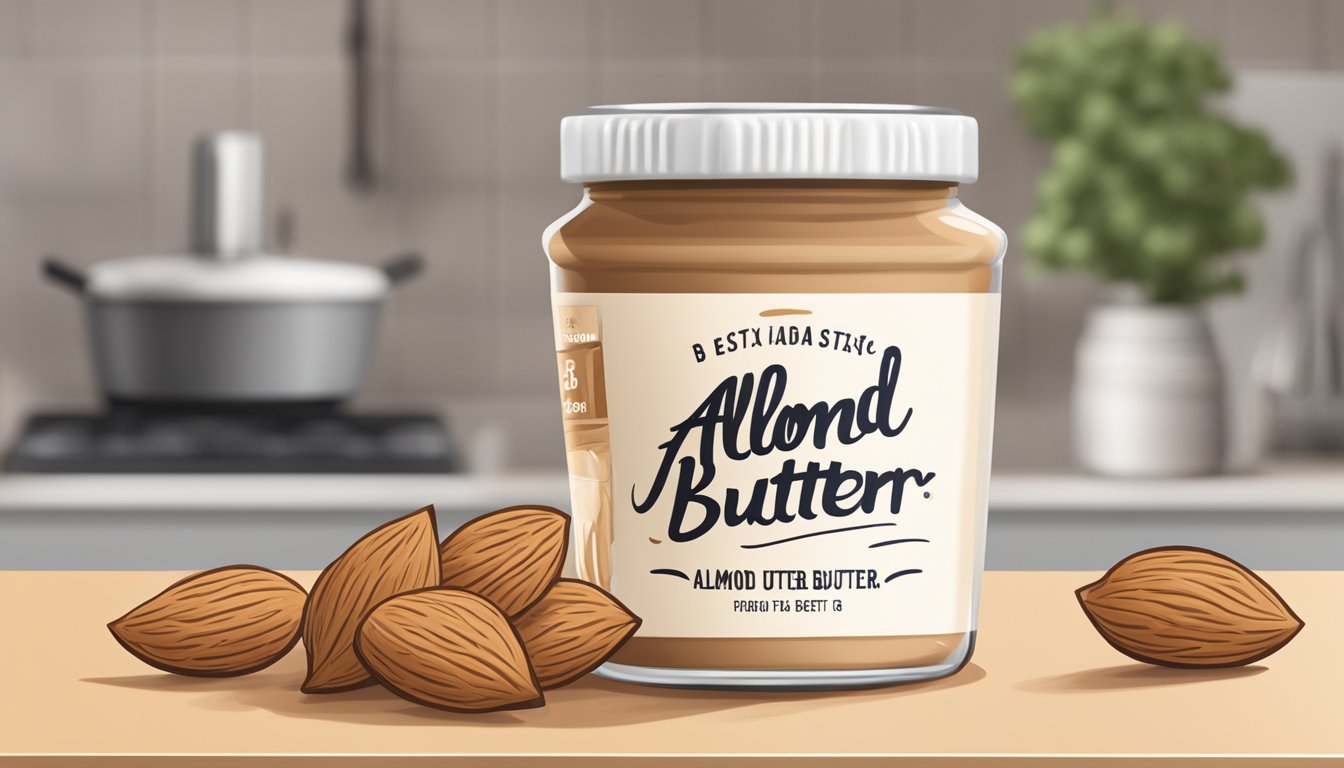 A jar of almond butter sits on a kitchen counter, with a "best by" date passed. The lid is open, revealing the creamy texture inside