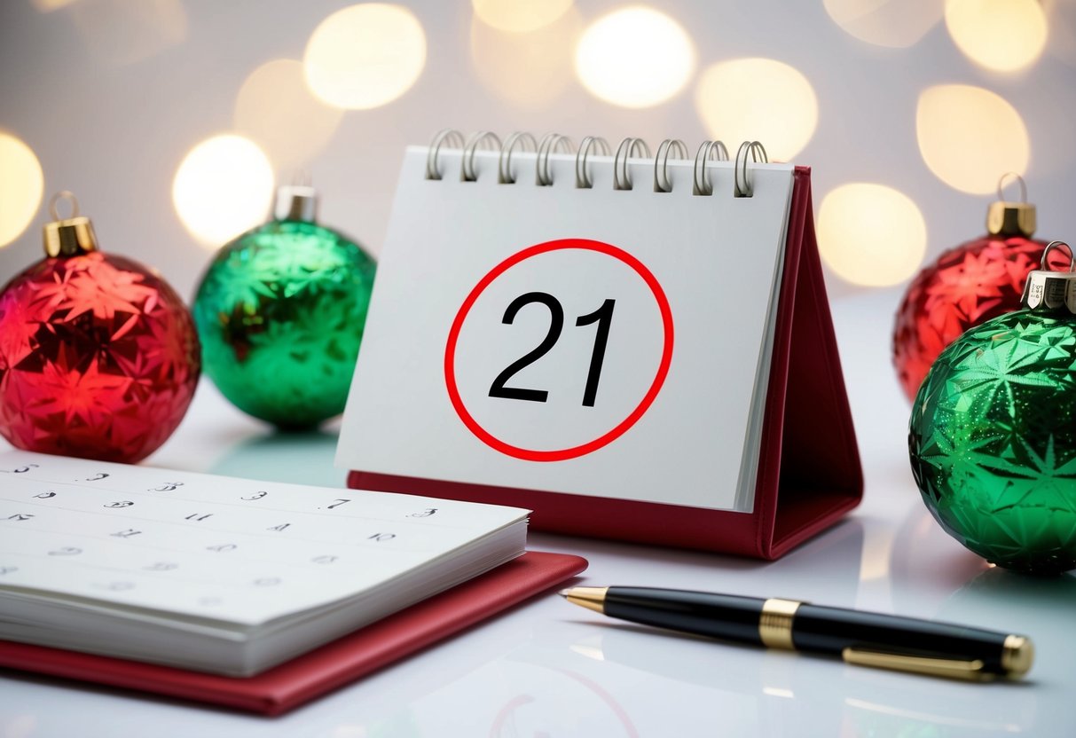 A calendar with a circled date, surrounded by festive decorations and a pen nearby