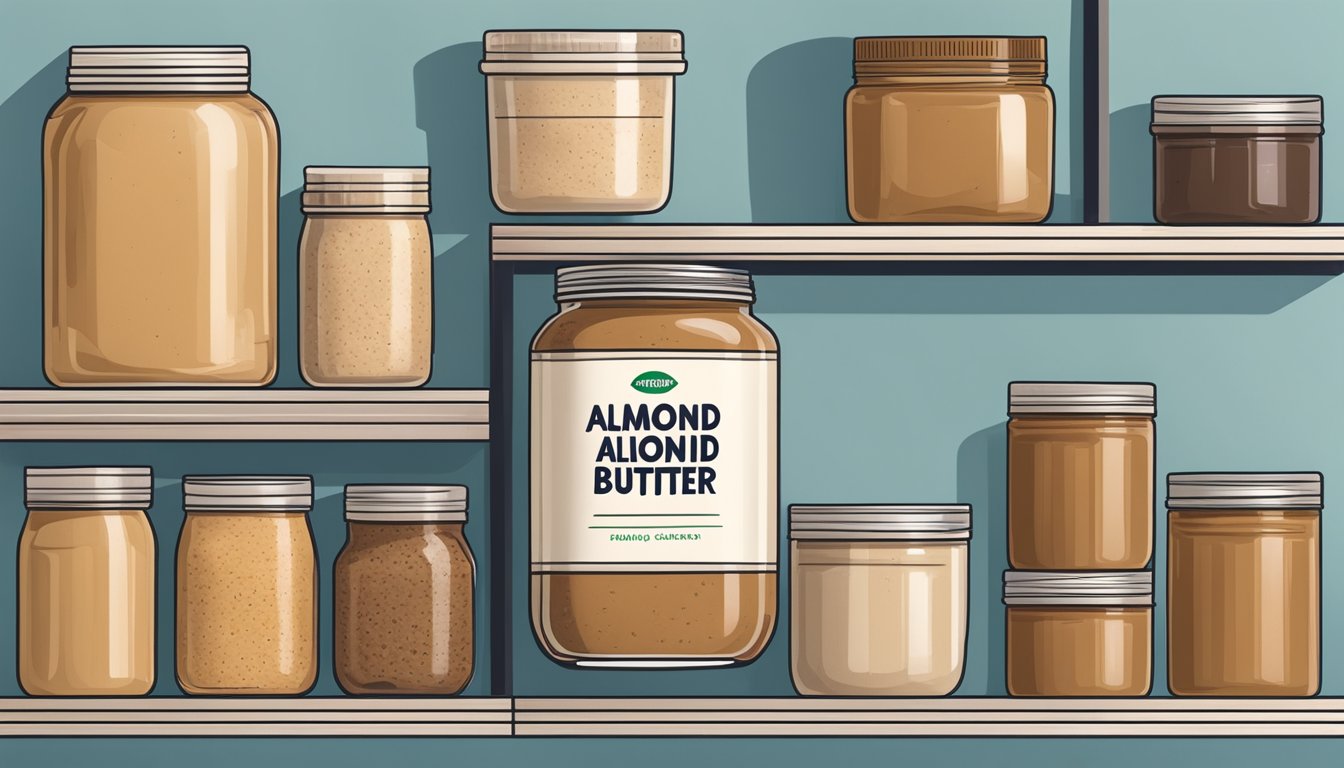 A jar of expired almond butter sits on a shelf next to various storage containers