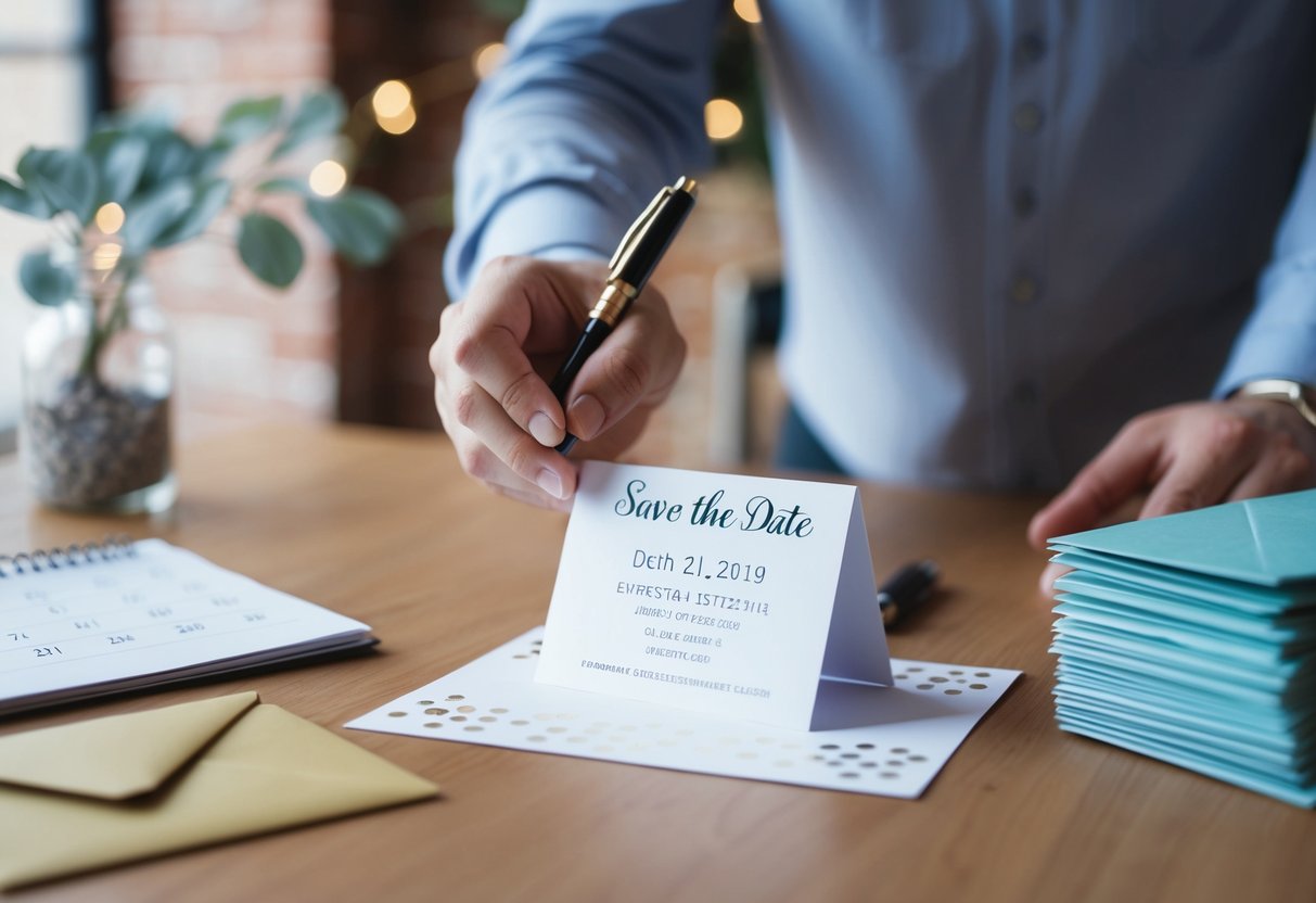 A hand holding a pen fills out a save the date card on a table with a calendar and a stack of envelopes