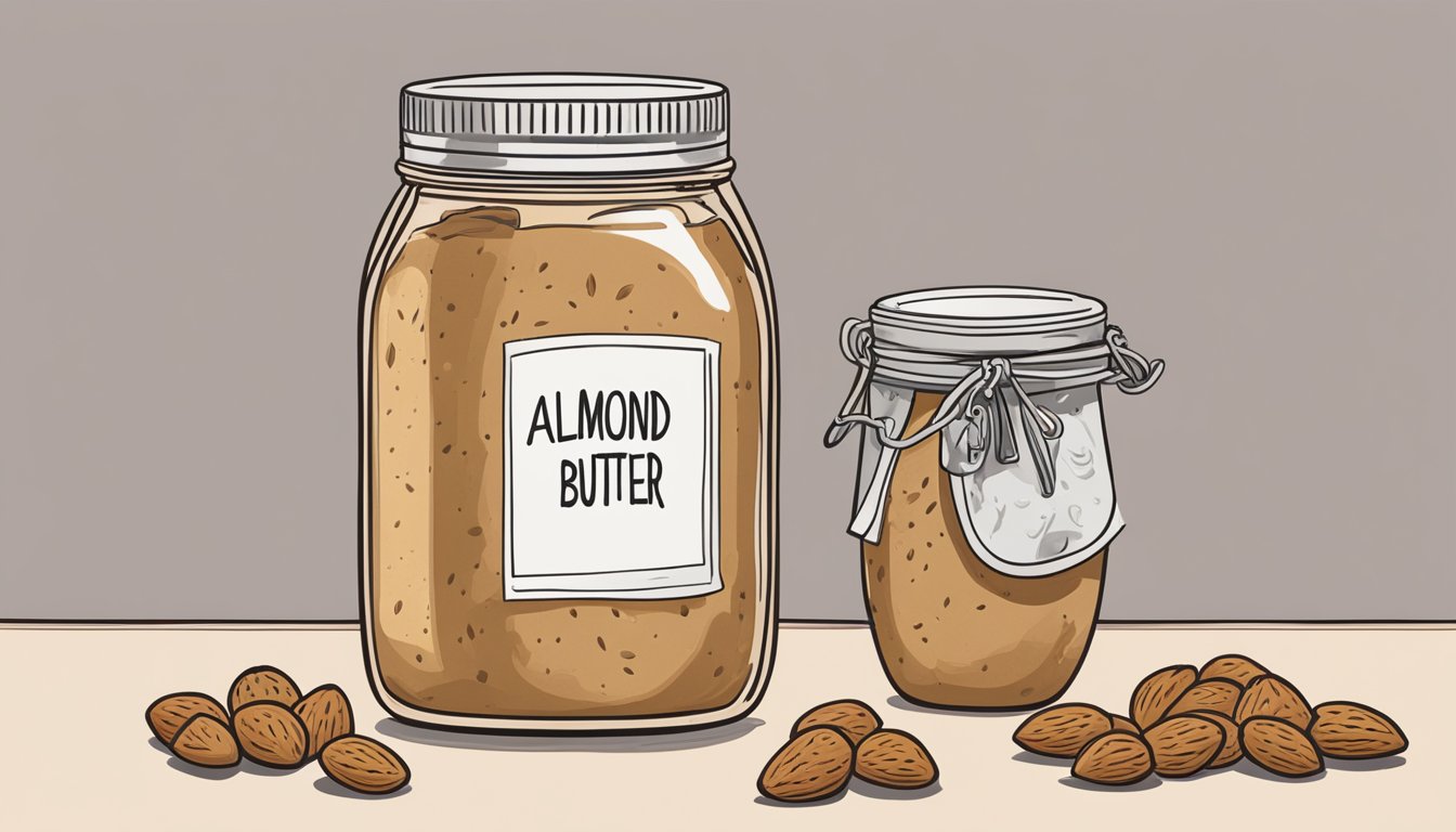 A jar of almond butter sits on a kitchen counter, surrounded by scattered almonds and a calendar showing an expired date. A question mark hovers above the jar