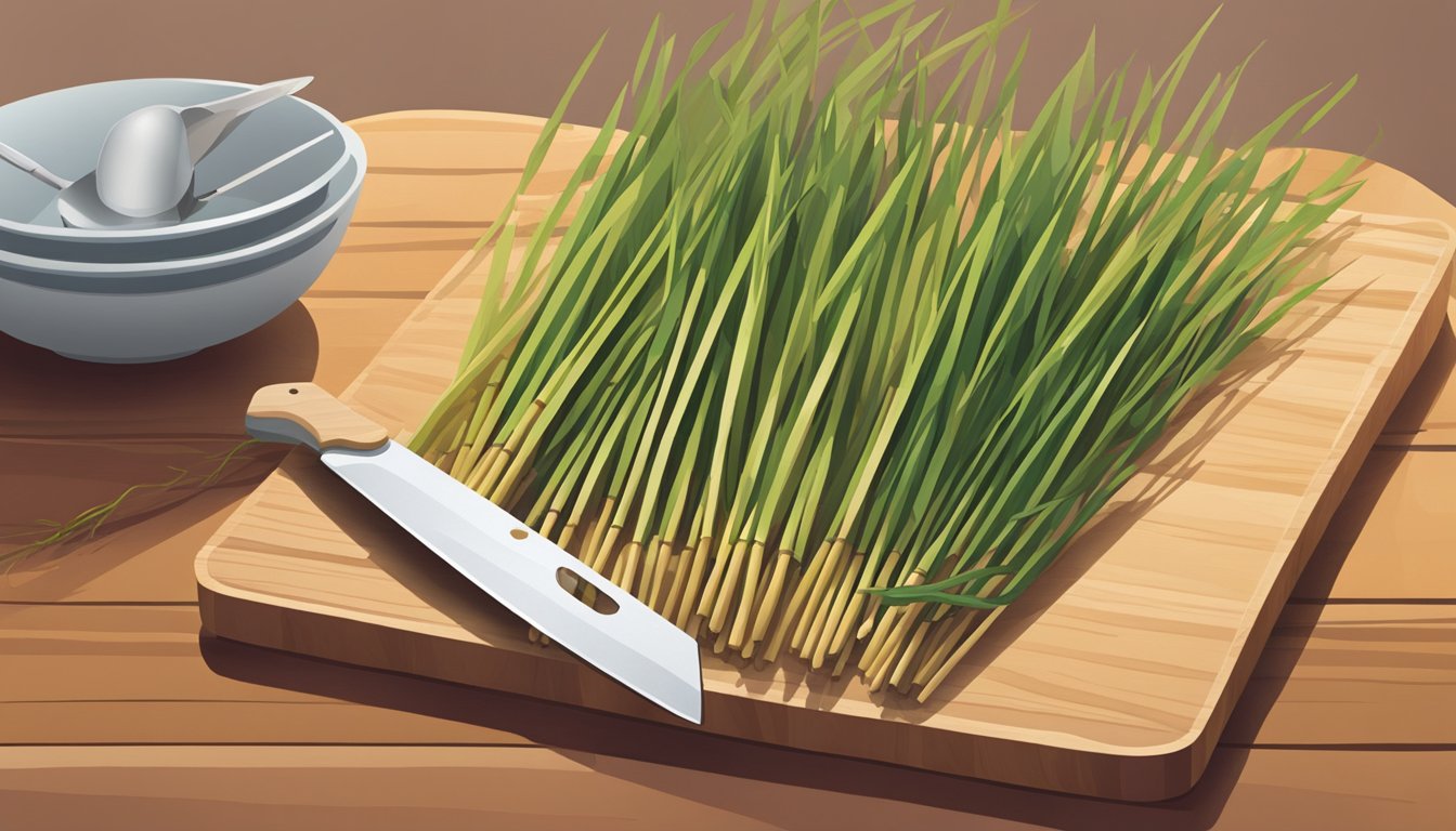 Fresh reeds lying on a cutting board with a chef's knife nearby. A question mark hovers above the reeds, indicating uncertainty about their safety for consumption