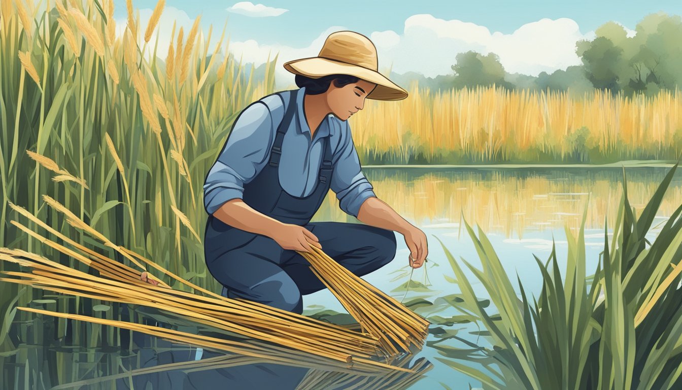 A person gathering fresh reeds from a clean, natural environment, inspecting them for signs of contamination or damage before preparing them for consumption