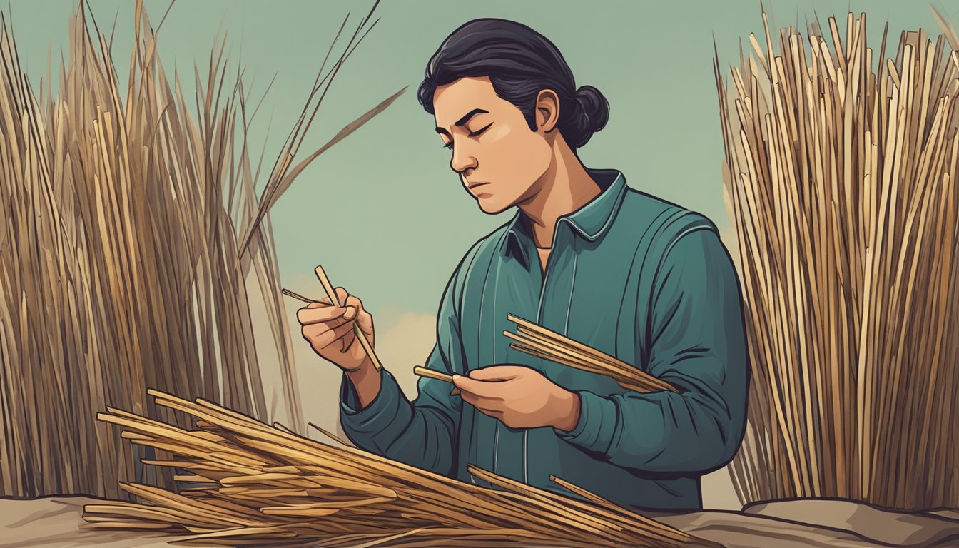 A person examining a bundle of raw reeds next to a pile of cooked reeds, with a cautious expression on their face