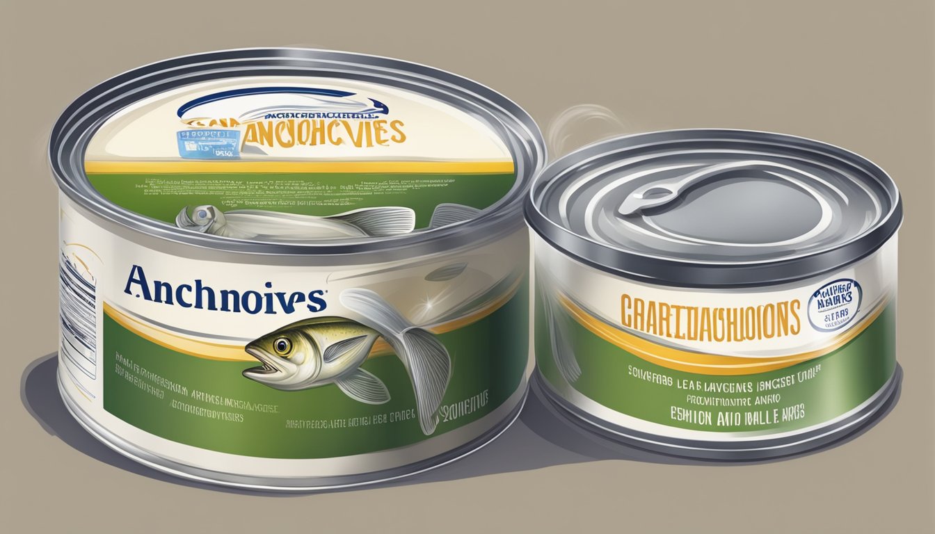 A can of expired anchovies with a pungent odor and discolored, bulging packaging