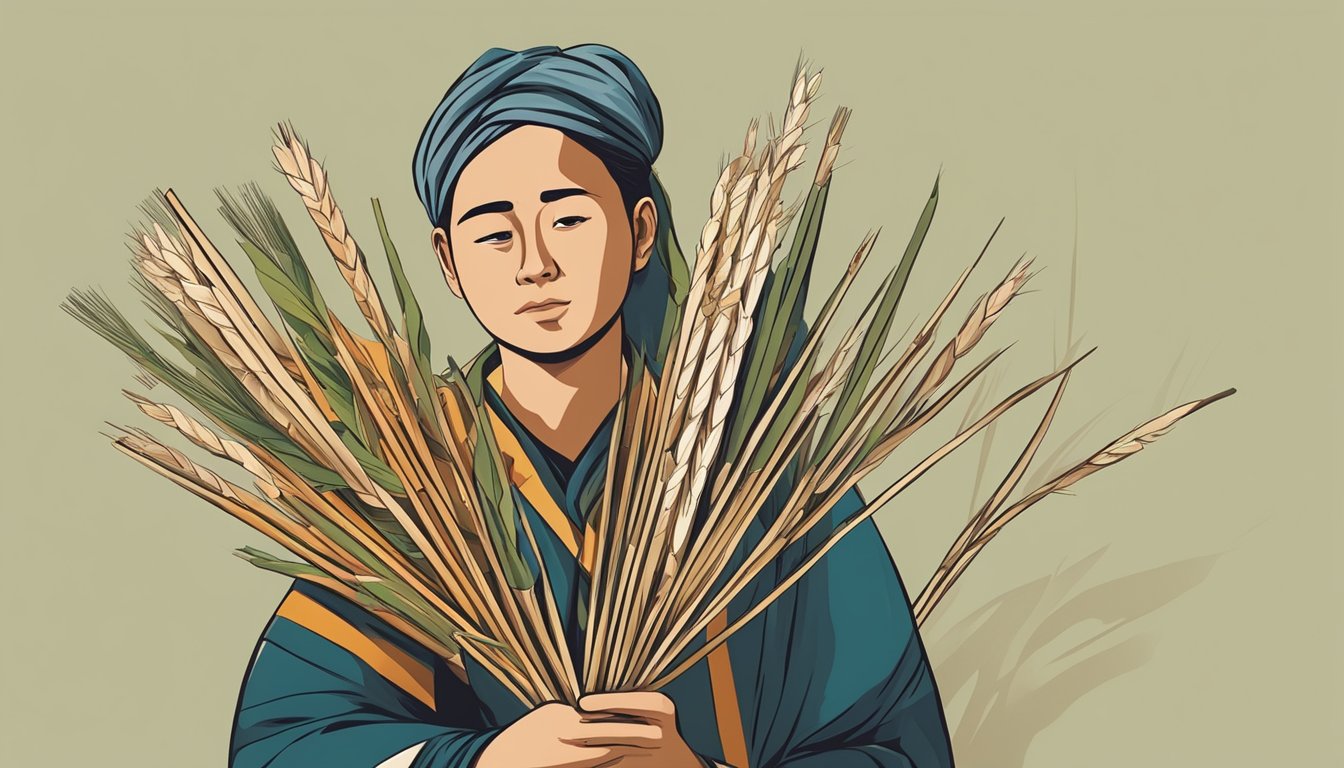 A person holding a bundle of raw reeds, with a hesitant expression, surrounded by various global cultural symbols and traditions