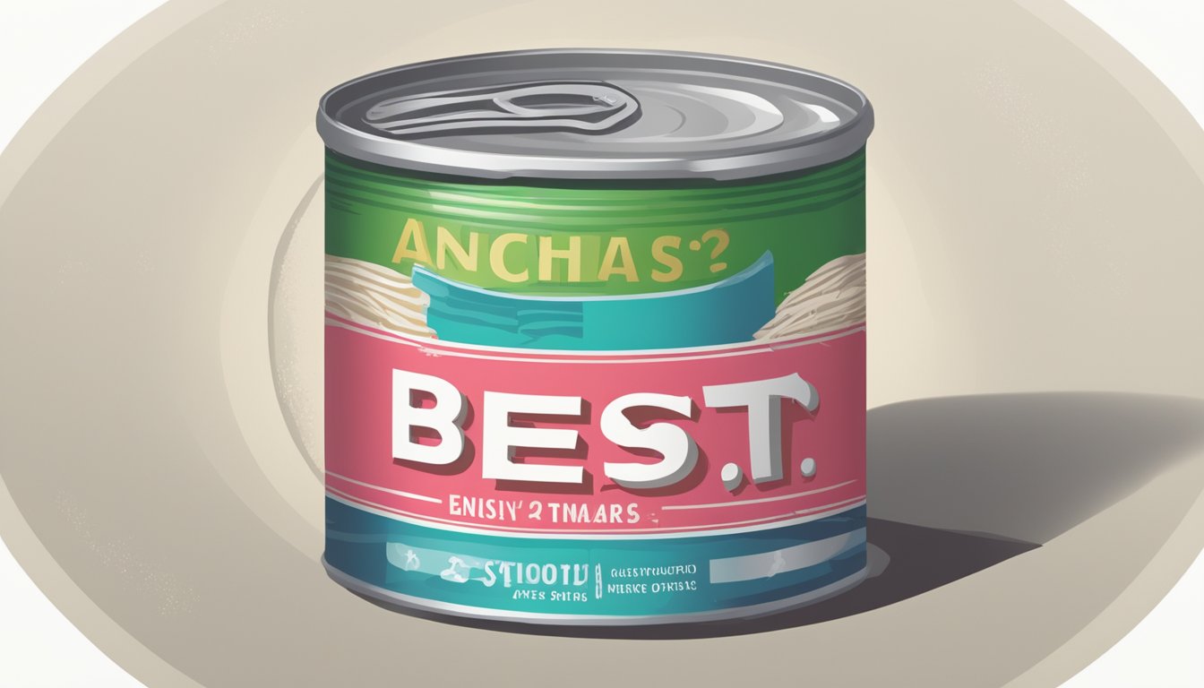 A can of expired anchovies with a "best by" date clearly visible on the label, surrounded by question marks and a concerned expression