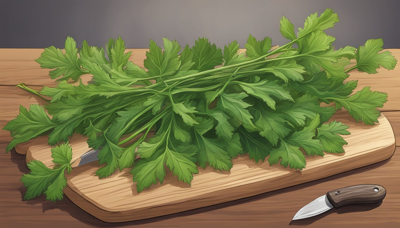 A vibrant bunch of mizuna leaves, some ripe and some unripe, arranged on a wooden cutting board with a knife nearby