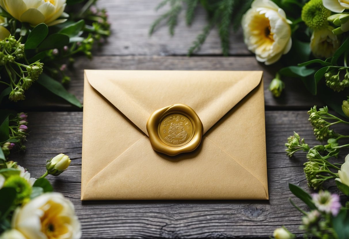 A decorative envelope with a gold wax seal is placed on a rustic wooden table, surrounded by fresh flowers and greenery