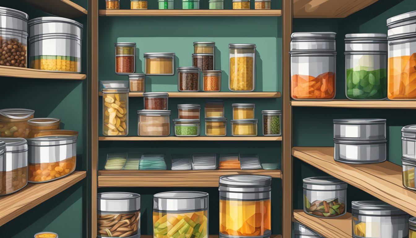 A pantry with neatly organized shelves of canned goods, including a jar of expired anchovies