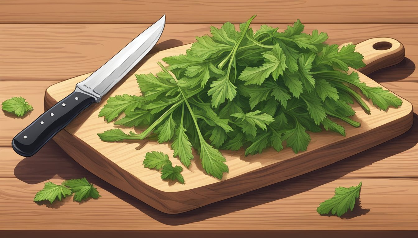 A pile of unripe mizuna leaves on a cutting board, with a knife next to it