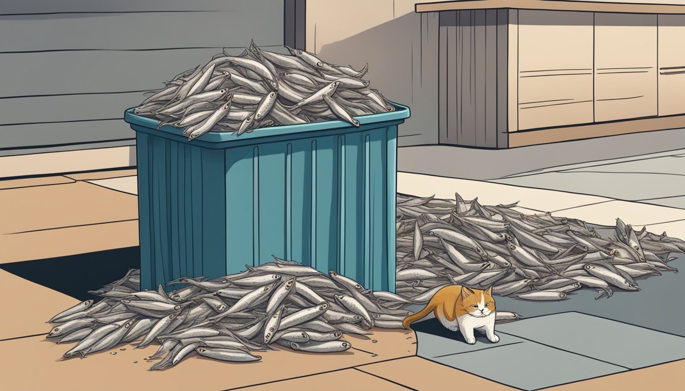 A pile of expired anchovies next to a trash can, with a worried-looking cat sniffing at them