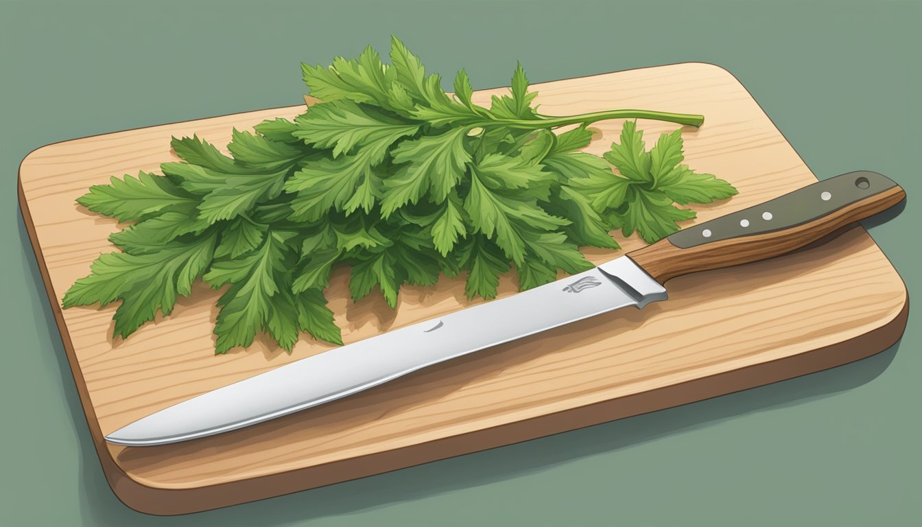 A kitchen counter with a bunch of unripe mizuna leaves next to a cutting board and knife