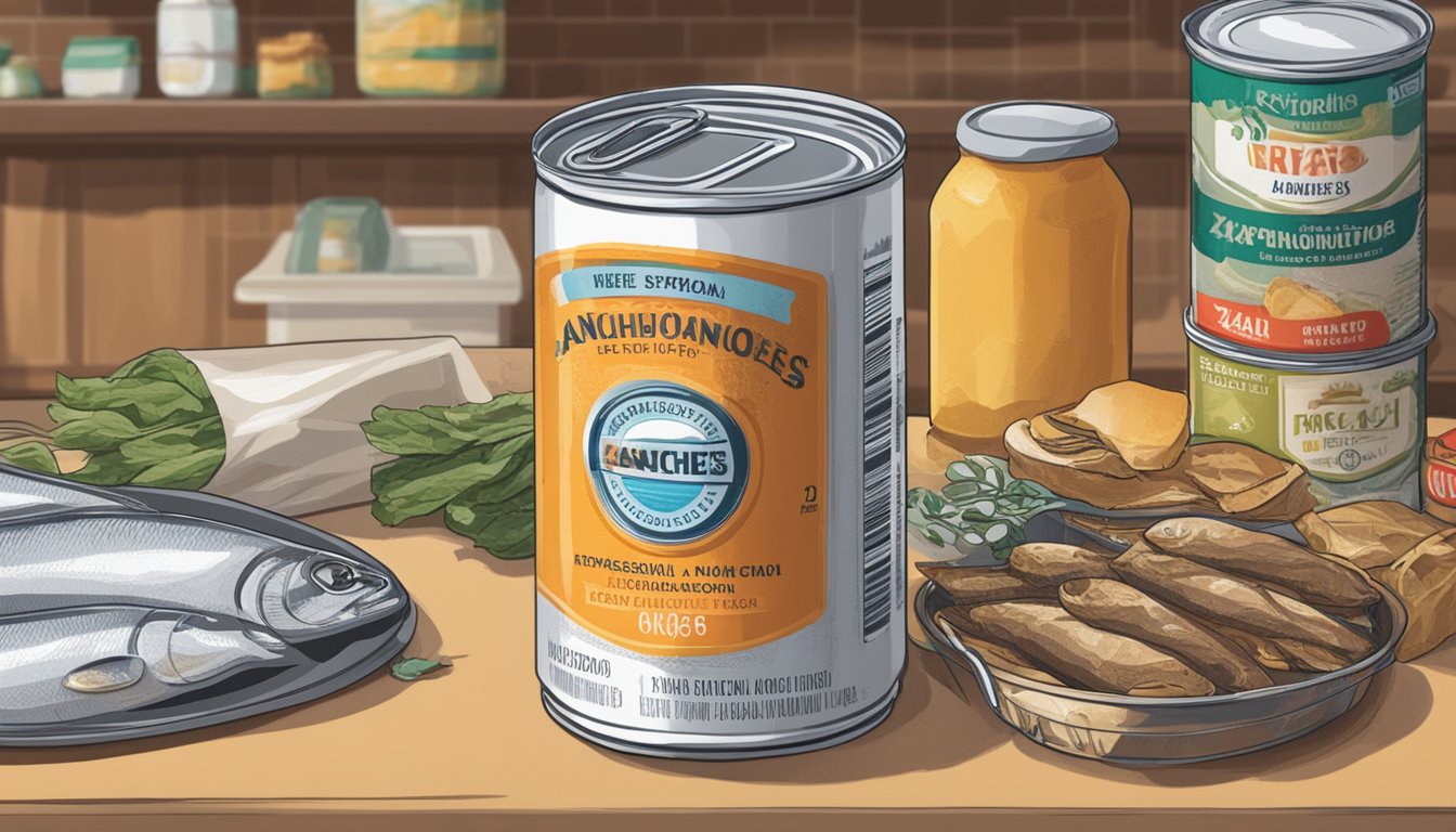 A can of expired anchovies sits on a kitchen counter, surrounded by other food items. The label shows the expiration date, and the can appears unopened