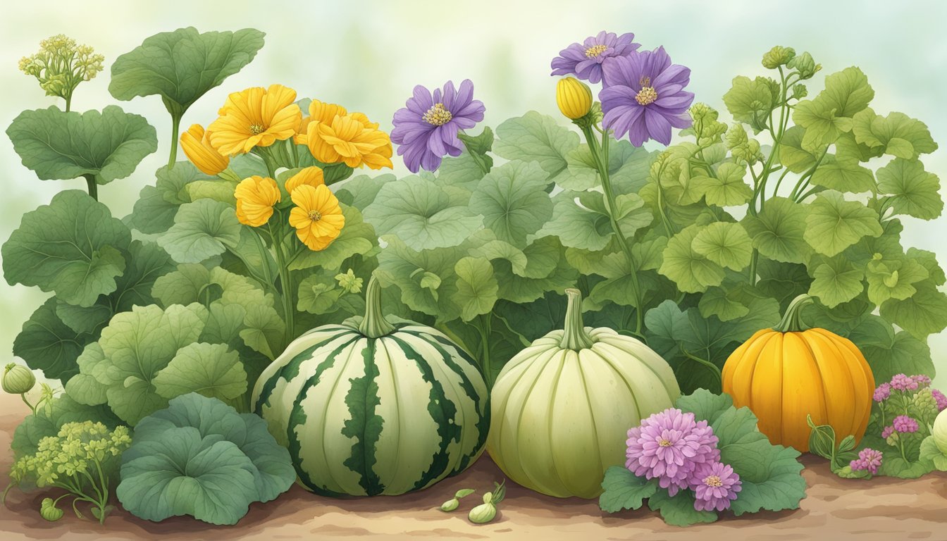 A variety of squash plants with blooming flowers, some unripe, in a garden setting