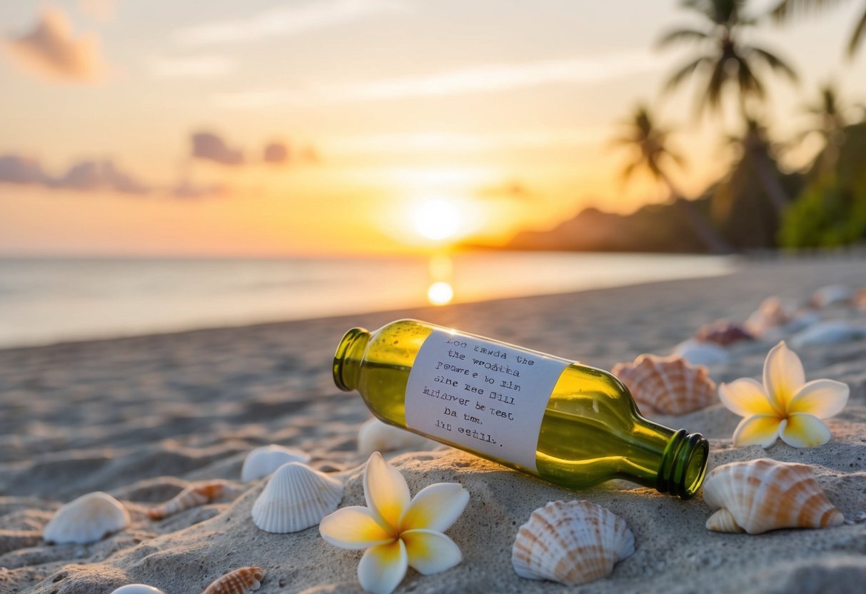 A serene beach at sunset, with a message in a bottle washed ashore, surrounded by seashells and a scattering of tropical flowers