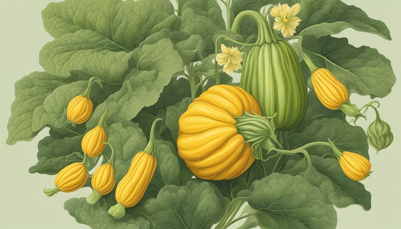 A person inspecting unripe squash blossoms, surrounded by ripe ones, with a concerned expression