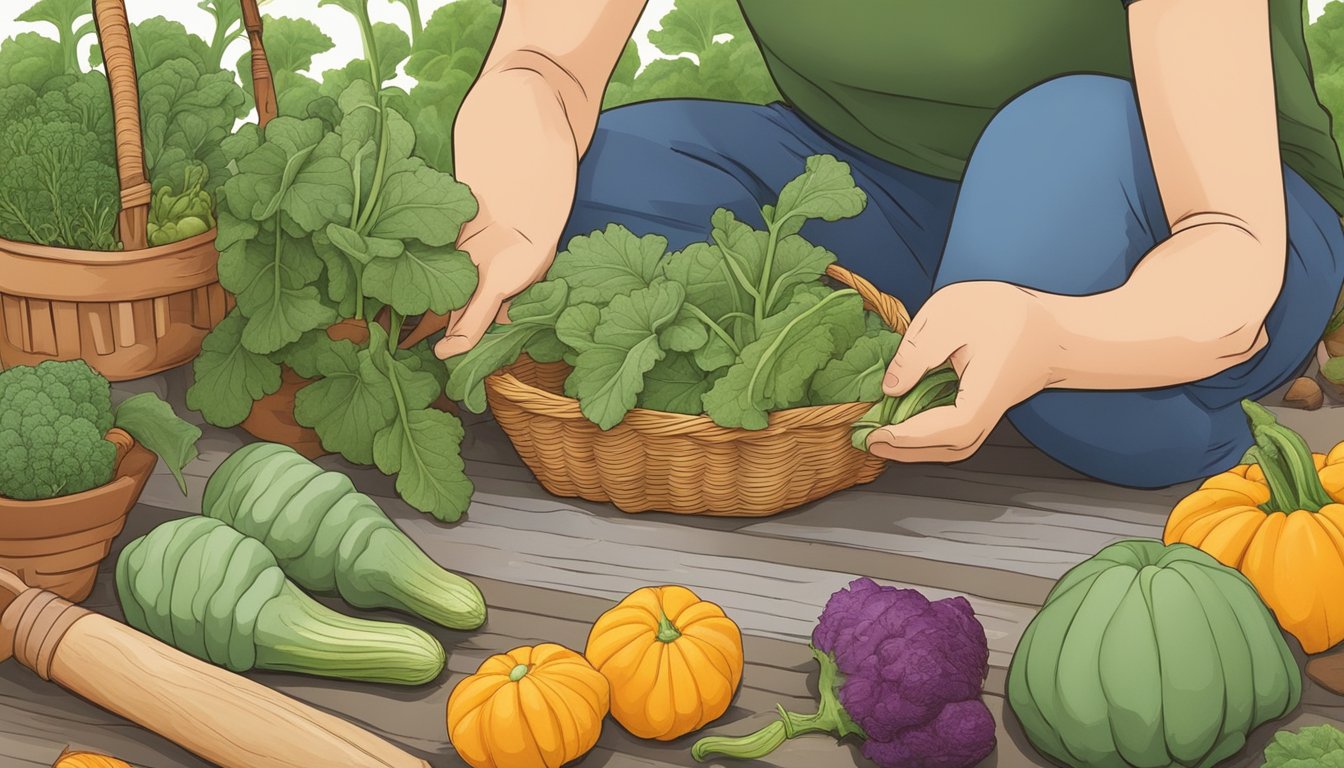 A person carefully examines unripe squash blossoms, surrounded by various gardening tools and a small basket of harvested vegetables