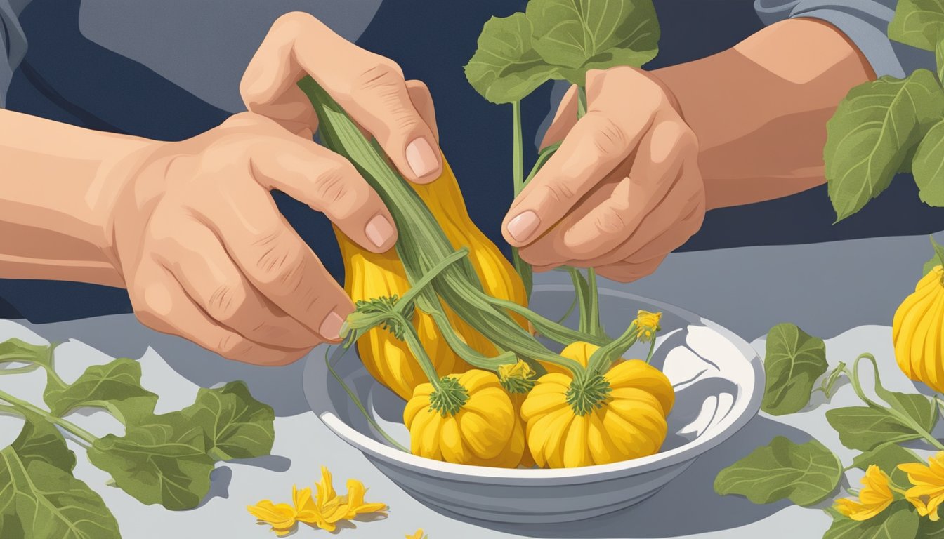 A gardener carefully plucks vibrant yellow squash blossoms from the vine, inspecting each one before gently removing the stamen and pistil in preparation for cooking