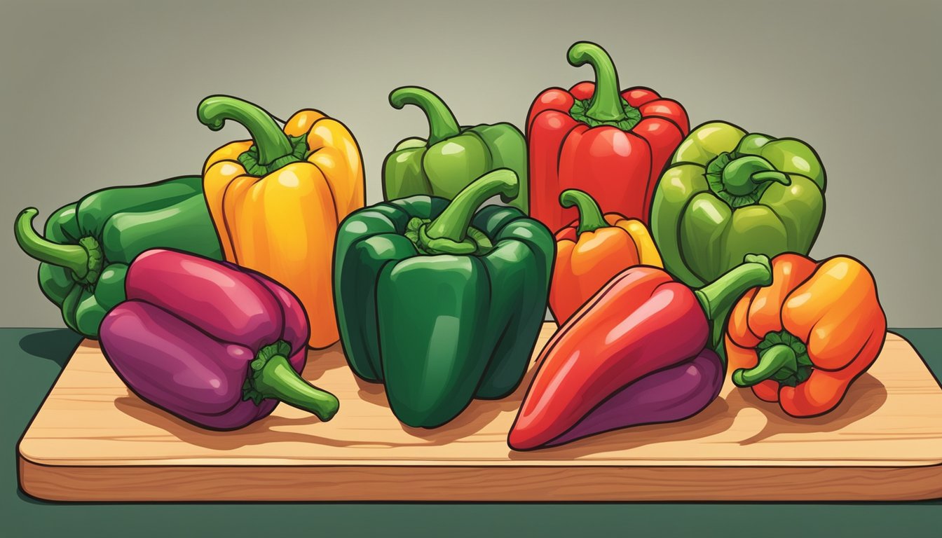 A colorful assortment of peppers, ranging from vibrant red to deep green, sit on a wooden cutting board, ready to be sliced and enjoyed raw