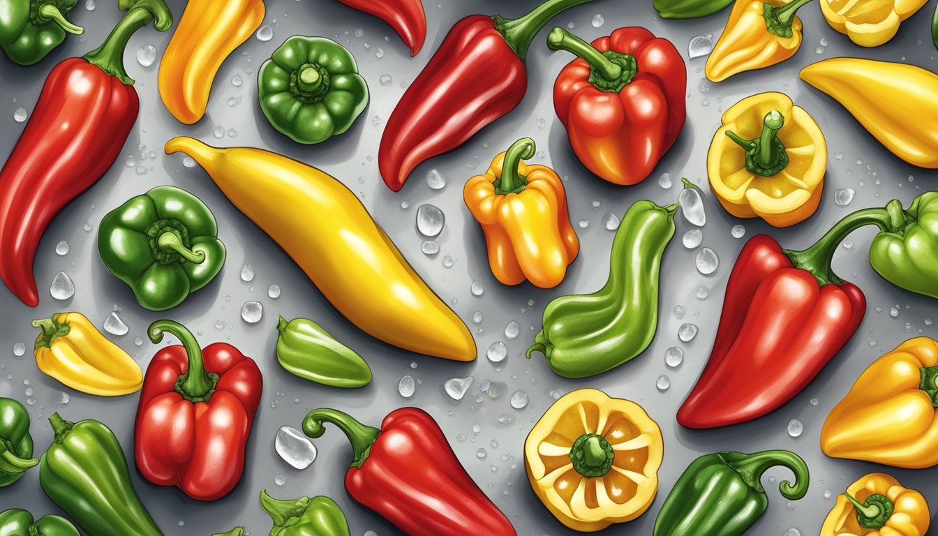 A colorful assortment of raw peppers, including red, yellow, and green varieties, arranged on a cutting board with droplets of water glistening on their smooth surfaces