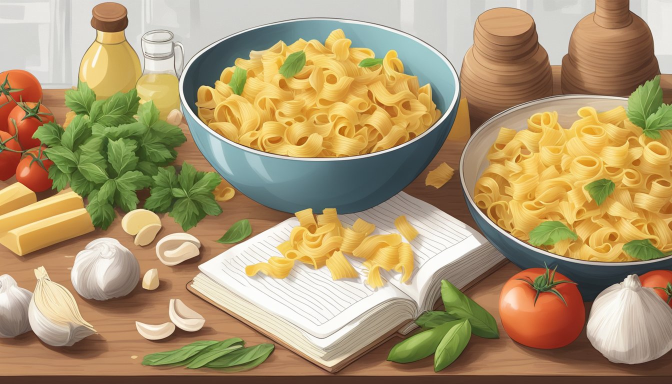 A bowl of uncooked pasta sits on a clean counter, surrounded by fresh ingredients and a cookbook open to a recipe page