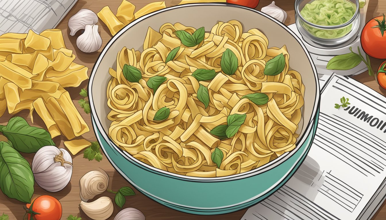 A bowl of uncooked pasta surrounded by fresh ingredients and a food safety guidebook