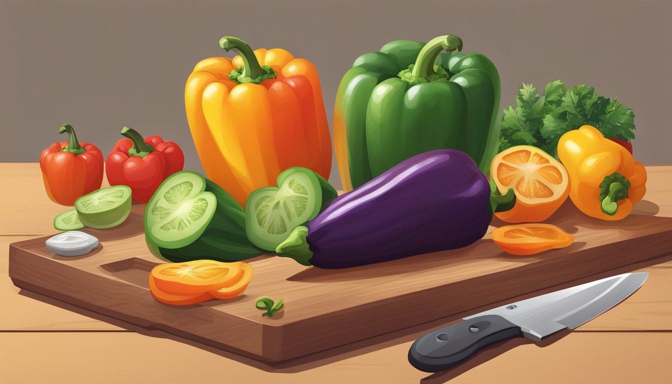 A colorful bell pepper sits on a cutting board, surrounded by various fruits and vegetables. A knife is nearby, ready to slice into the pepper