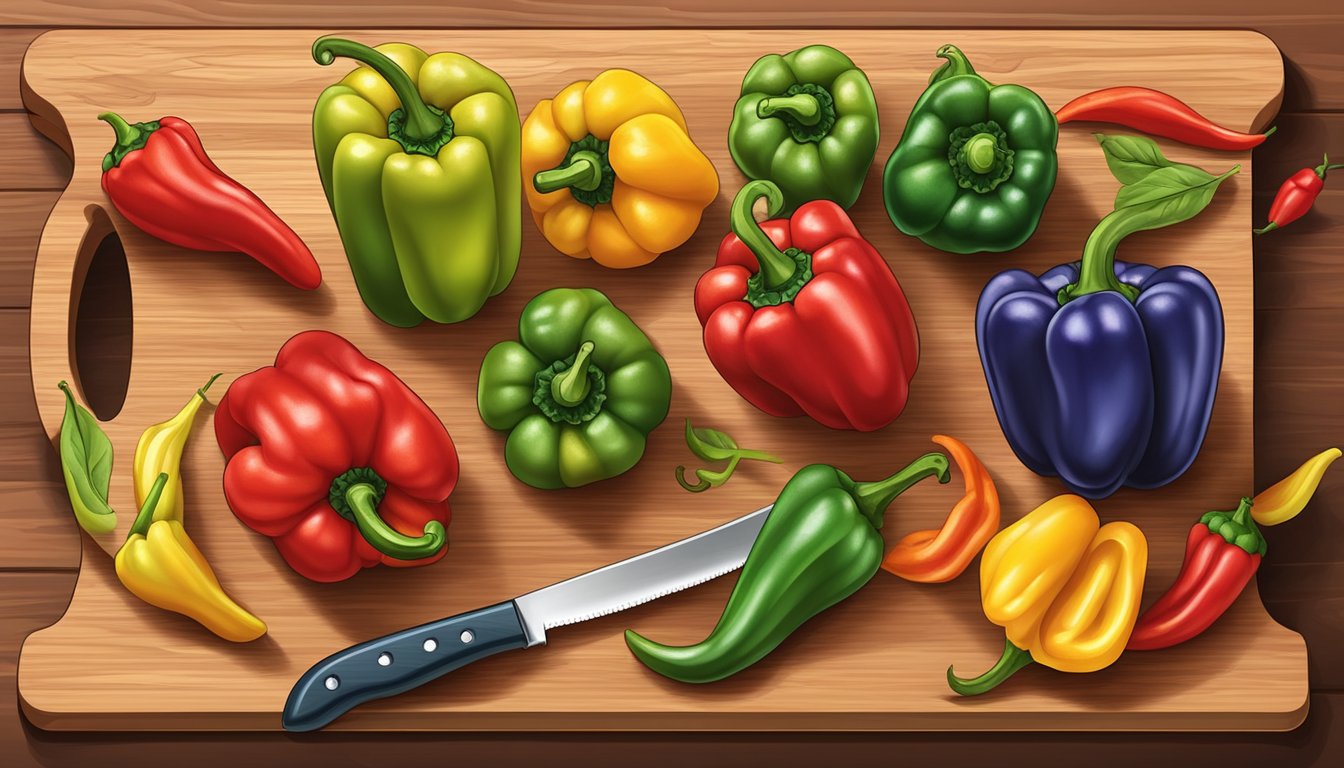 A colorful variety of whole peppers arranged on a cutting board, with a knife nearby