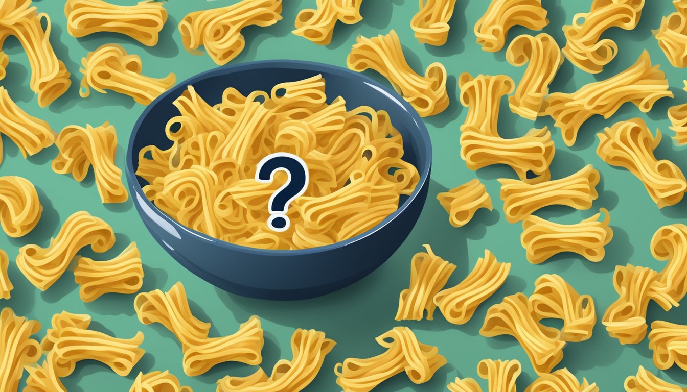 A bowl of uncooked pasta with a question mark above it