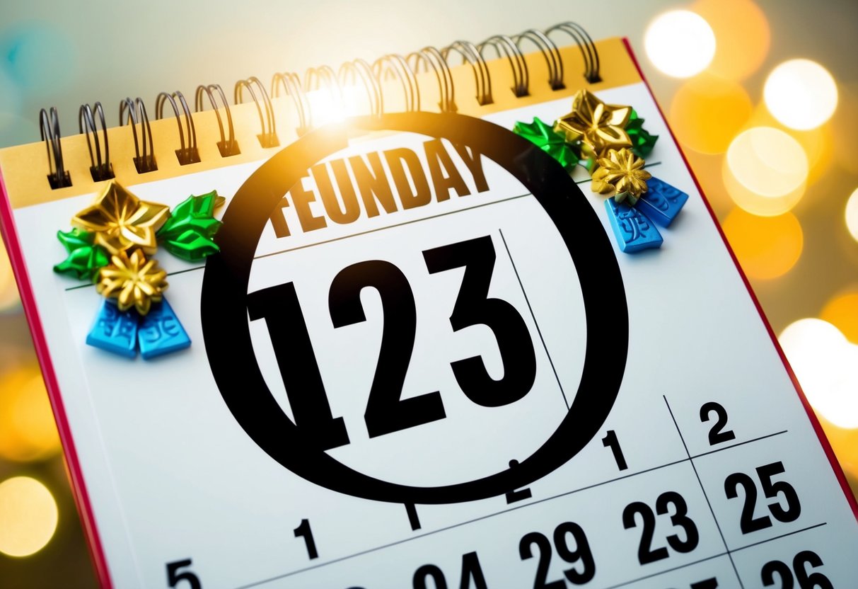 A calendar with the date circled in bold, surrounded by decorative elements and symbols of celebration