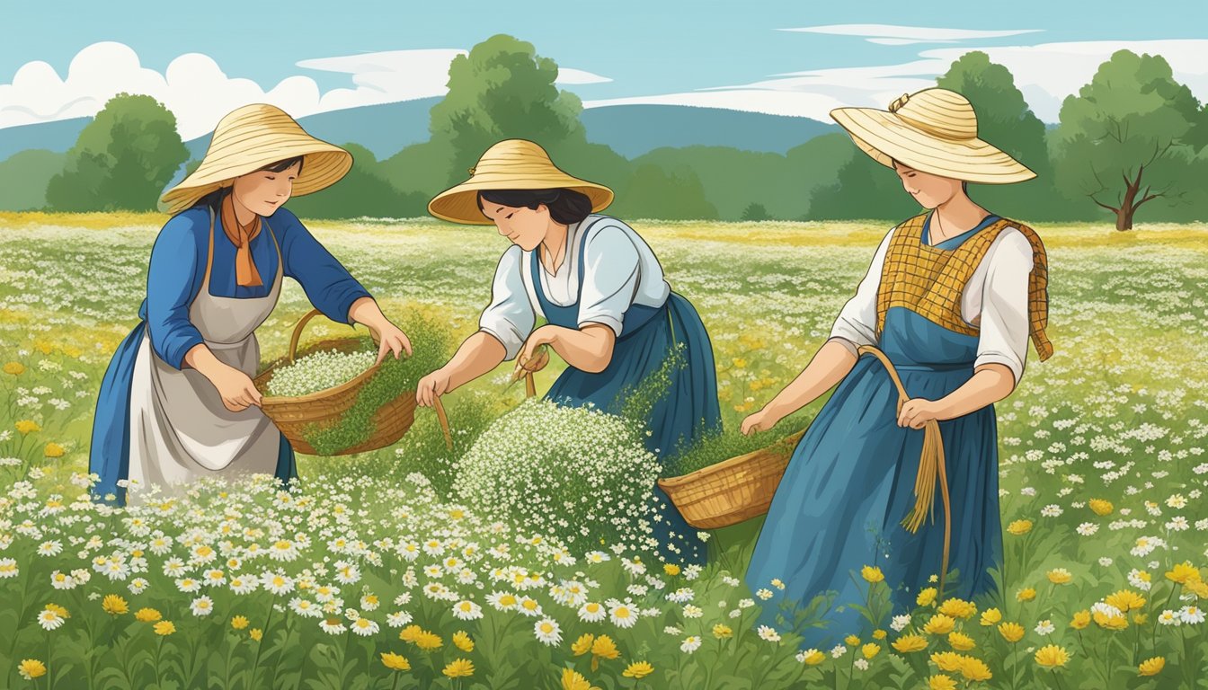 A group of people in traditional clothing harvesting chamomile flowers in a field