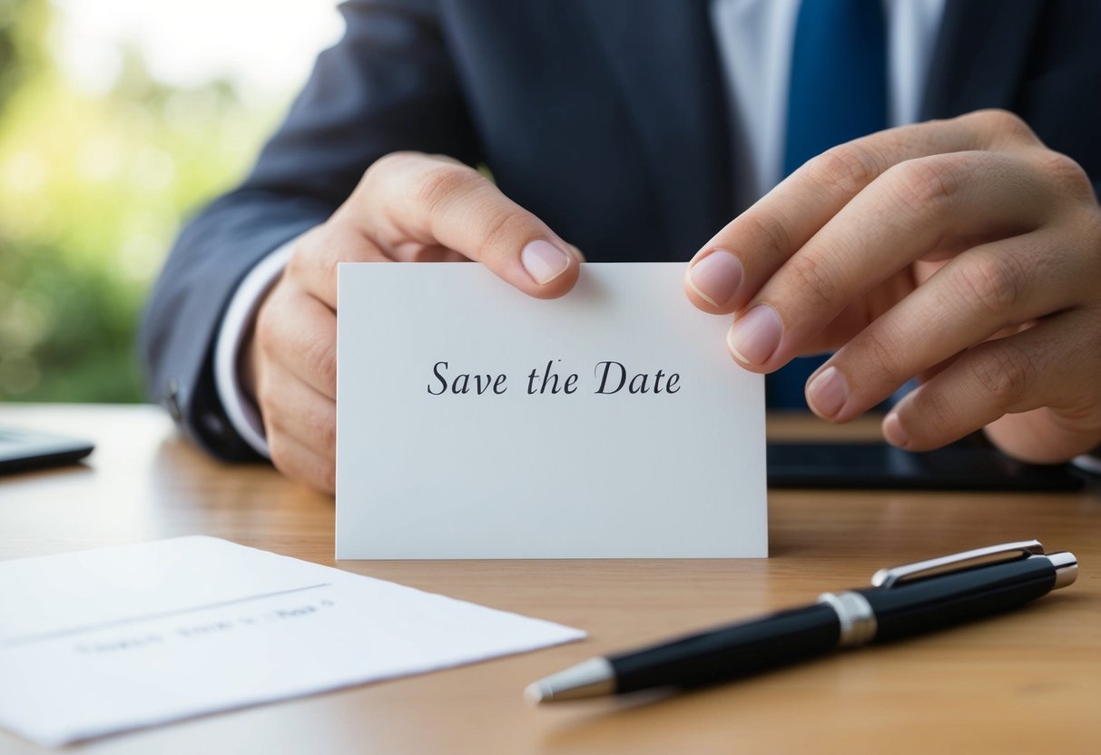 A hand placing a blank save the date card on a table with a pen nearby