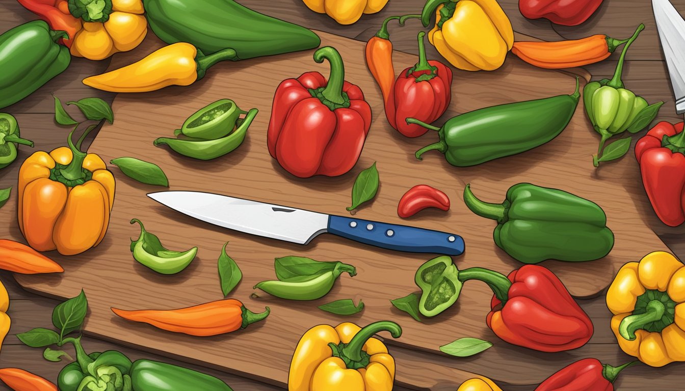 A colorful assortment of fresh peppers arranged on a cutting board, with a knife nearby