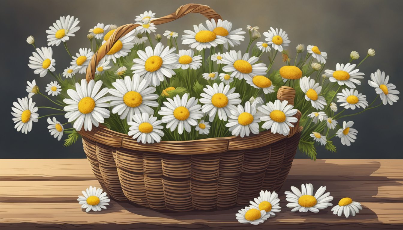 A variety of chamomile flowers, including German and Roman, displayed in a rustic basket on a wooden table