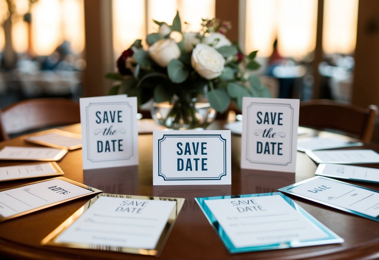 A table with various save the date designs and blank spaces for names and dates