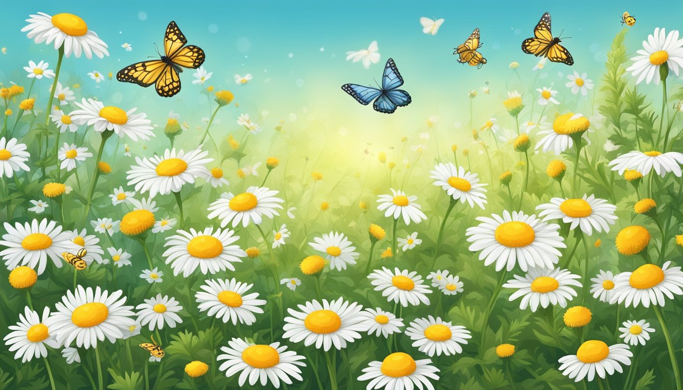 A serene garden with chamomile flowers blooming, surrounded by bees and butterflies