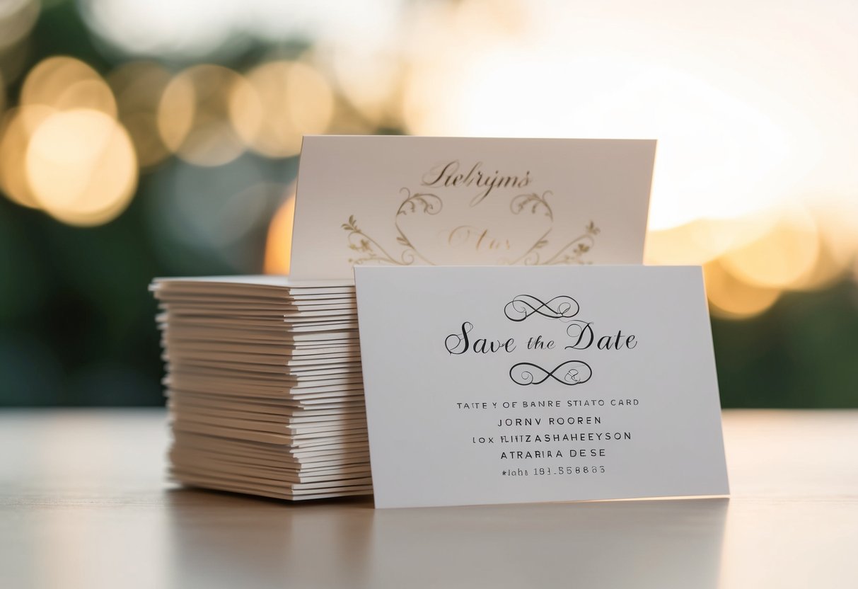 A stack of blank save the date cards with elegant designs and space for names