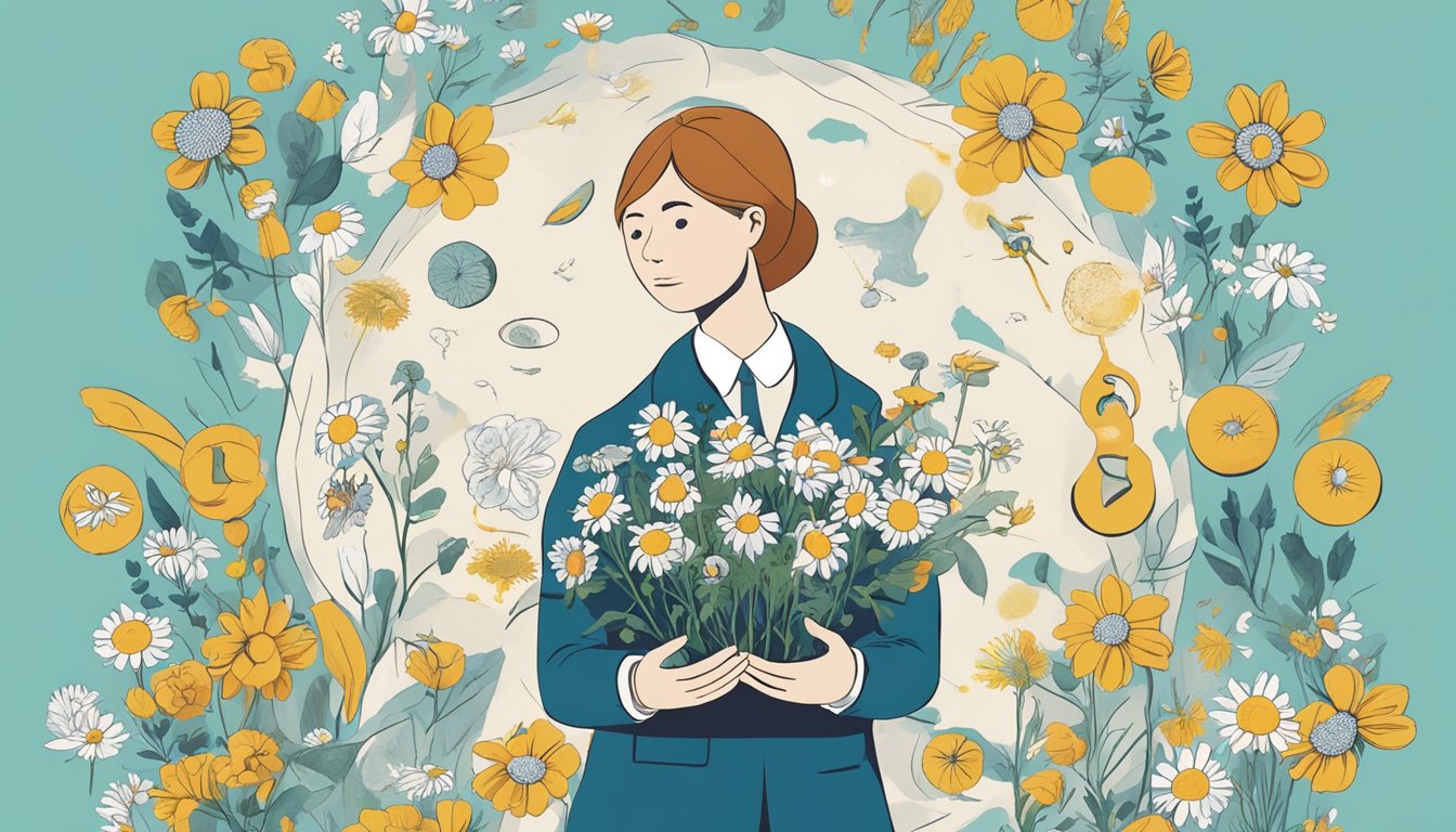 A person holding a chamomile flower and questioning it, surrounded by images of potential risks and safety symbols